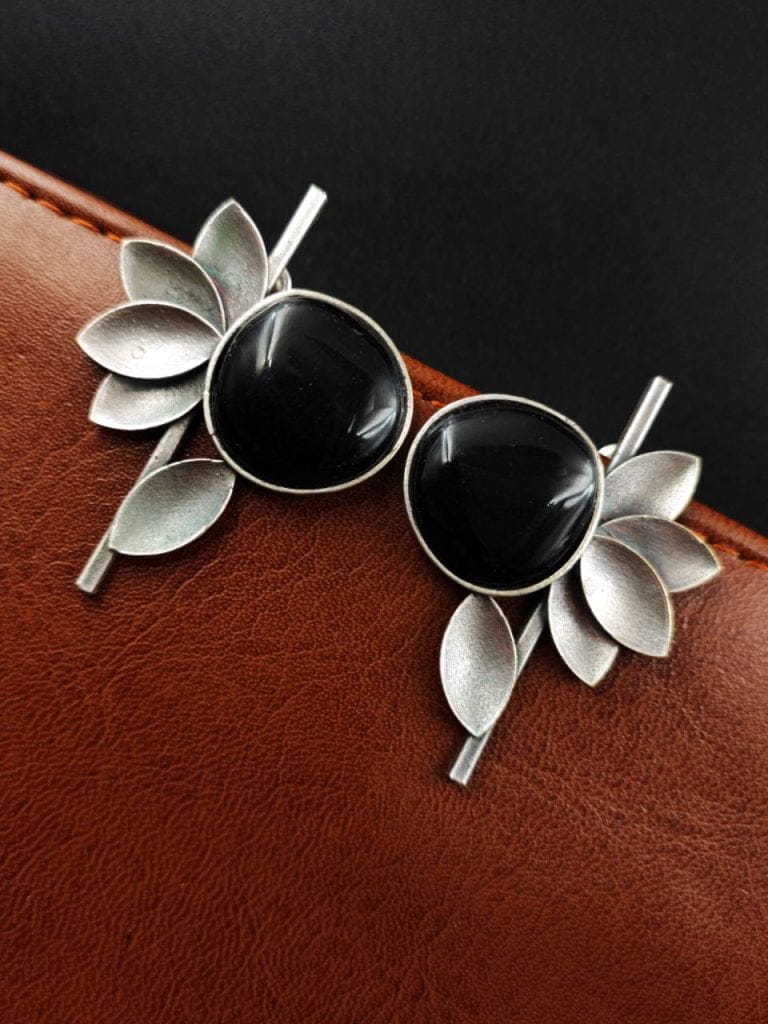 Bulk 408 Monalisa Stone Half Flower Stud Earrings - Attractive Silver Replica Polish - "Black"