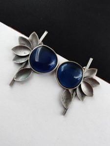 Monalisa Stone Half Flower Stud Earrings - Attractive Silver Replica Polish - Color: "Blue"