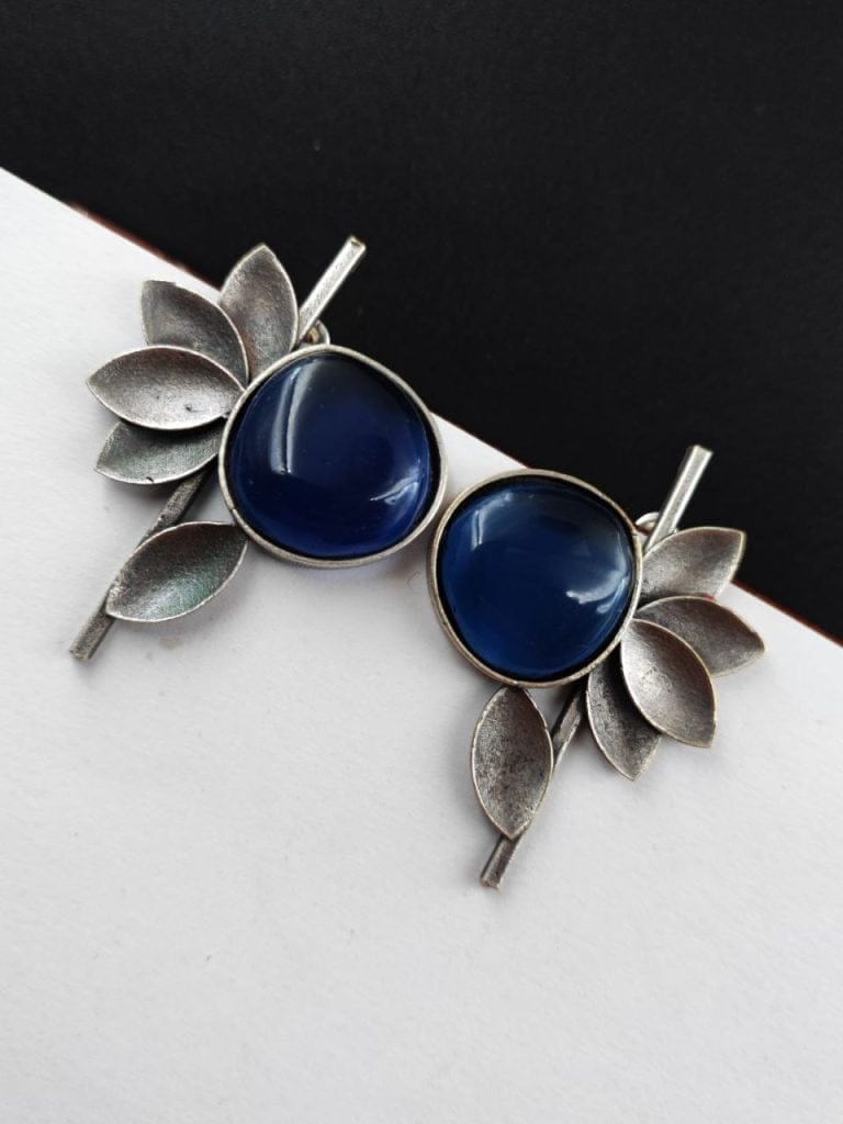 Bulk 412 Monalisa Stone Half Flower Stud Earrings - Attractive Silver Replica Polish - "Blue"