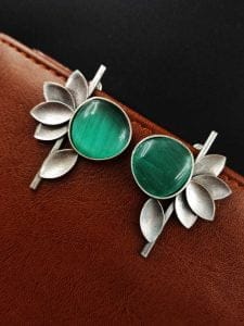 Monalisa Stone Half Flower Stud Earrings - Attractive Silver Replica Polish - Color: "Mint"