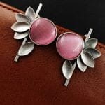 Monalisa Stone Half Flower Stud Earrings - Attractive Silver Replica Polish - "Babypink"