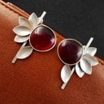 Monalisa Stone Half Flower Stud Earrings - Attractive Silver Replica Polish - "Red"