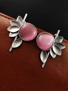 Monalisa Stone Half Flower Stud Earrings - Attractive Silver Replica Polish - Color: "Babypink"