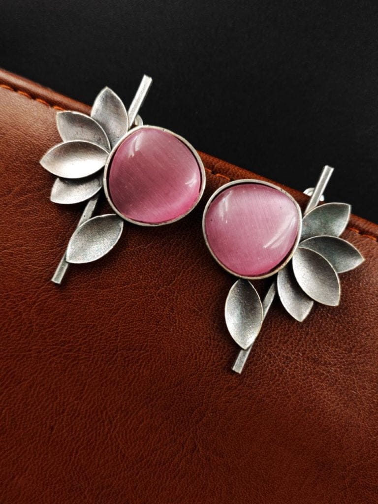 Bulk 416 Monalisa Stone Half Flower Stud Earrings - Attractive Silver Replica Polish - "Babypink"
