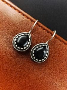 Premium Quality Silver Replica Monalisa Stone Hook Earrings - Color: "Black"