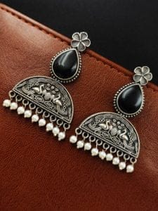 Peacock Stud Earrings - Best Silver Look alike Monalisa Stone Earring - Color: "Black"