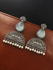 Peacock Stud Earrings - Best Silver Look alike Monalisa Stone Earring - Color: "Grey"