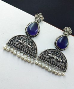 Peacock Design Stud Earrings - Silver Look alike Monalisa Stone Earring