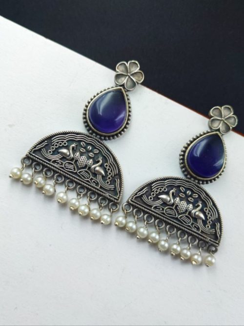 Peacock Design Stud Earrings - Silver Look alike Monalisa Stone Earring
