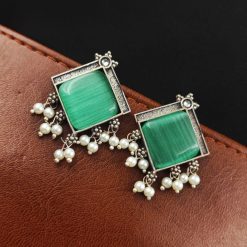 Oxidised Earrings With Square Monalisa Stones and Pearl Beads