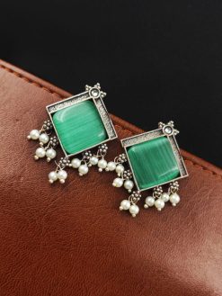 Oxidised Earrings With Square Monalisa Stones and Pearl Beads