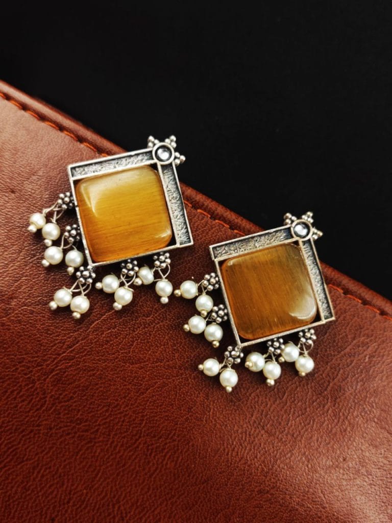 Bulk 402 Oxidised Earrings With Square Monalisa Stones - Best Pearl Beads Earring - "Yellow"