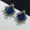 Oxidised Earrings With Square Monalisa Stones and Pearl Beads