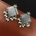 Oxidised Earrings With Square Monalisa Stones - Best Pearl Beads Earring - "Grey"