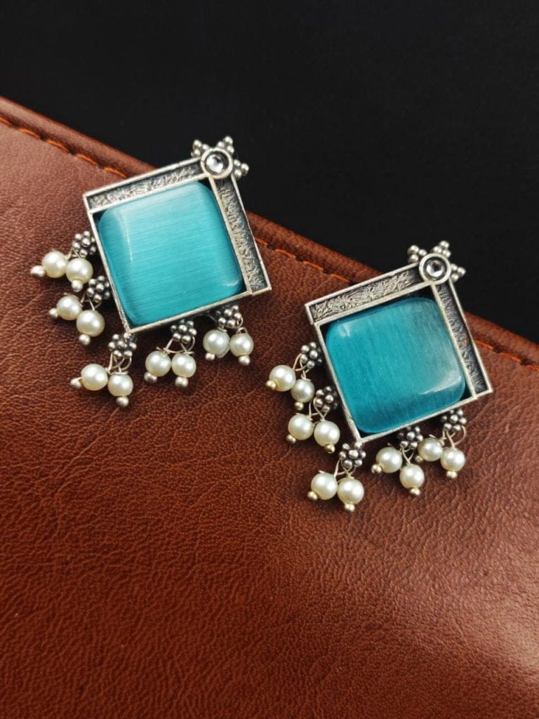 Bulk 400 Oxidised Earrings With Square Monalisa Stones - Best Pearl Beads Earring - "Aqua"