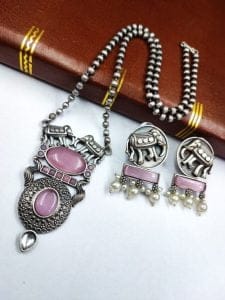 Elephant Chain Pendant Set with Monalisa Stone - Unique Handcrafted Jewelry - Color: "Babypink"