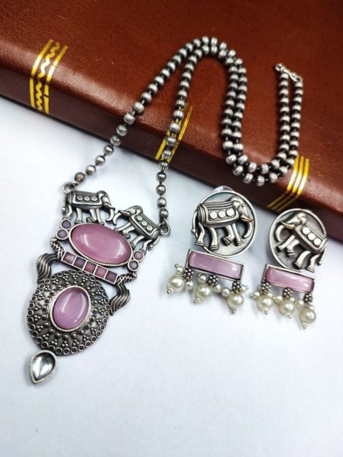 Elephant Chain Pendant Set with Monalisa Stone - Handcrafted Jewelry Ensemble