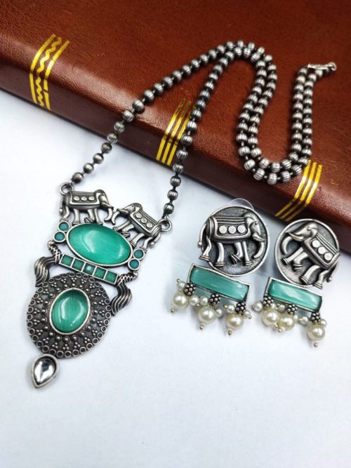 Elephant Chain Pendant Set with Monalisa Stone - Handcrafted Jewelry Ensemble