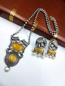 Elephant Chain Pendant Set with Monalisa Stone - Unique Handcrafted Jewelry - Color: "Yellow"