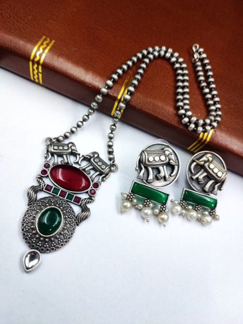 Elephant Chain Pendant Set with Monalisa Stone - Handcrafted Jewelry Ensemble