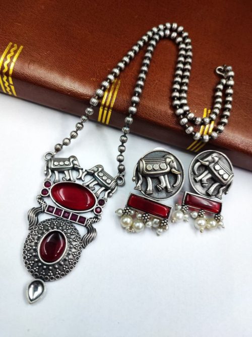 Elephant Chain Pendant Set with Monalisa Stone - Handcrafted Jewelry Ensemble