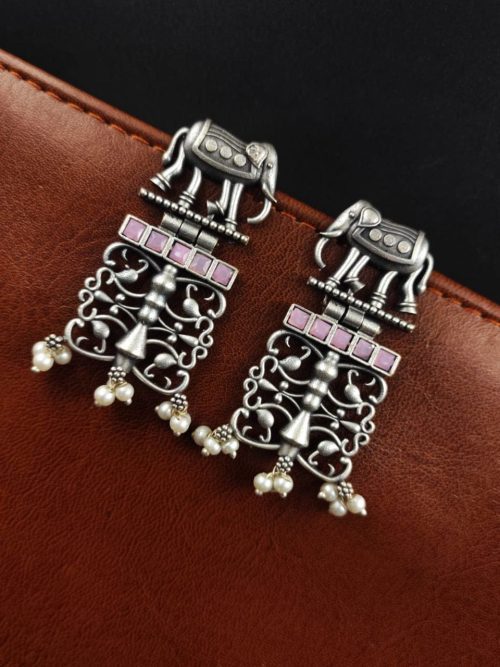 Antique Silver Elephant Earrings | Affordable Dangler Oxidised Studs For Girls - Image 2
