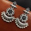 Oxidized Chandbali Earrings: Silver Replica with Pearl and Stone Work