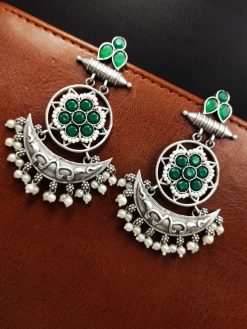 Oxidized Chandbali Earrings: Silver Replica with Pearl and Stone Work