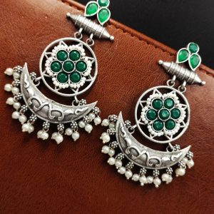 Oxidized Chandbali Earrings: Silver Replica with Pearl and Stone Work