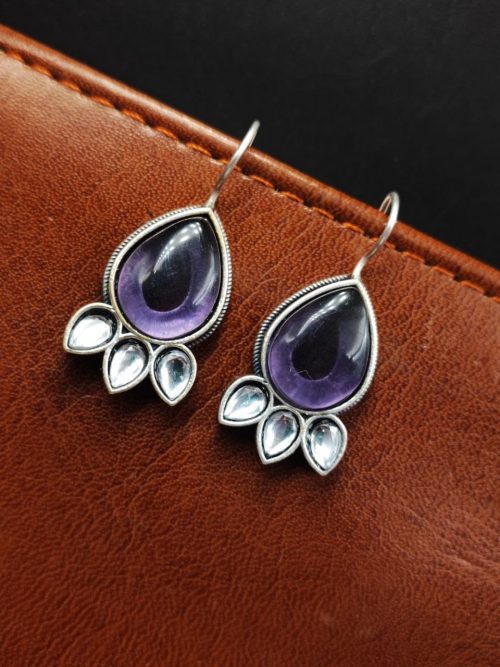 Silver Replica Stone Earrings with oxidized hooks