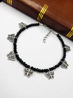Butterfly Anklets | Black Crystal Beads Oxidised Payal
