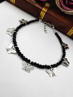 Oxidised Butterfly Anklets with Black Crystal Beads for Girls