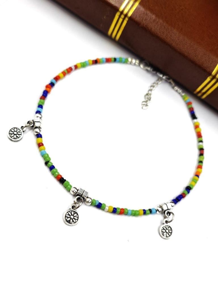 Multi Beads Anklets in Oxidised Flower Charms | Best Trendy foot Accessories