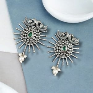 Unique Oxidised Earrings | Designer Iconic Look Dangler Hook Earring - Color: "Green"