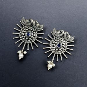 Unique Oxidised Earrings | Designer Iconic Look Dangler Hook Earring - Color: "Blue"