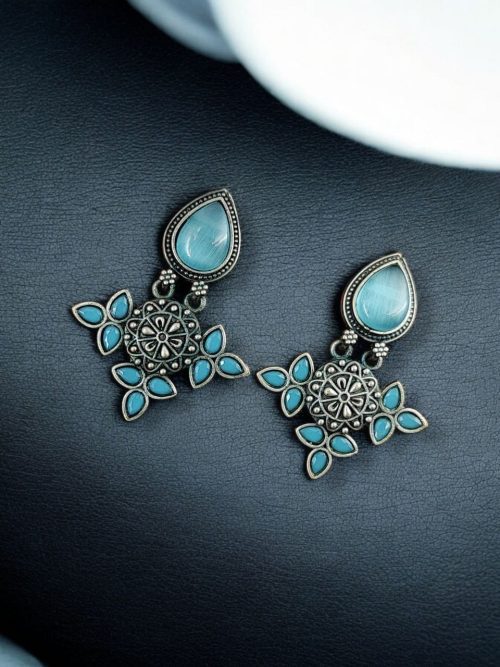 Silver Look-Alike Earrings with Drop Monalisa Stone Work - Elegant and Stylish Accessories