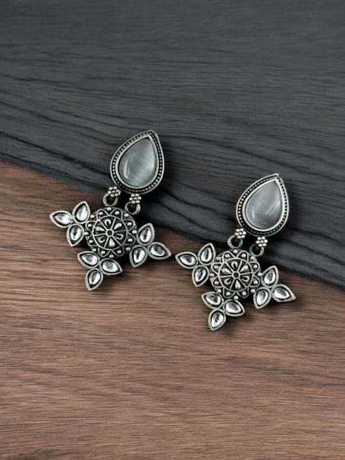 Silver Look-Alike Earrings with Drop Monalisa Stone Work - Elegant and Stylish Accessories