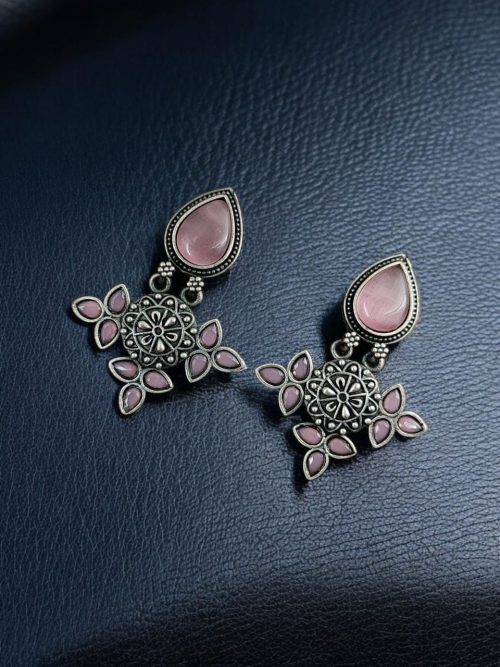 Silver Look-Alike Earrings with Drop Monalisa Stone Work - Elegant and Stylish Accessories