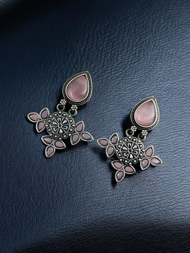 Bulk 428 Silver Look-Alike Earrings With Attractive Drop Monalisa Stone Work - "Babypink"