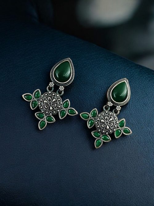 Silver Look-Alike Earrings with Drop Monalisa Stone Work - Elegant and Stylish Accessories