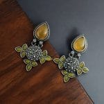 Silver Look-Alike Earrings With Attractive Drop Monalisa Stone Work - "Yellow"