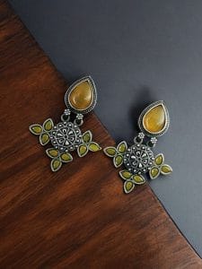 Silver Look-Alike Earrings With Attractive Drop Monalisa Stone Work - Color: "Yellow"