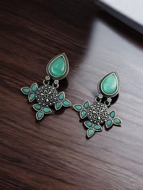 Silver Look-Alike Earrings with Drop Monalisa Stone Work - Elegant and Stylish Accessories