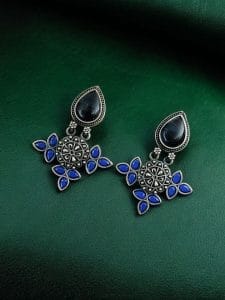 Silver Look-Alike Earrings With Attractive Drop Monalisa Stone Work - Color: "Blue"
