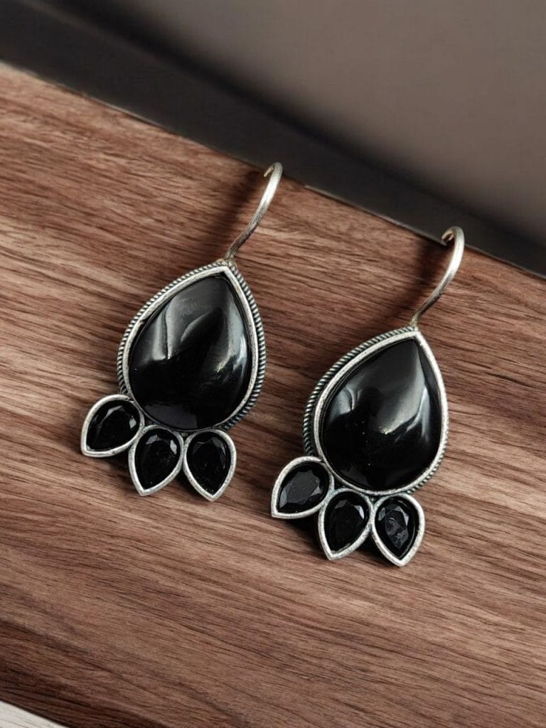 Bulk 370 Silver Replica Stone Earrings - Best Hook oxidised Casual Jewelry - "Black"