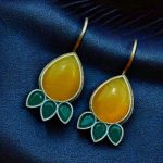 Silver Replica Stone Earrings - Best Hook oxidised Casual Jewelry - "Yellow-Green"