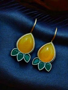 Silver Replica Stone Earrings - Best Hook oxidised Casual Jewelry - Color: "Yellow-Green"