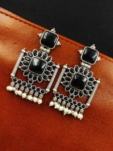 Silver Replica Square Monalisa Stone Stud Dangler Earrings - Color: "Black"