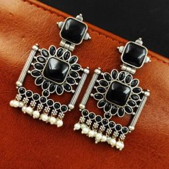 Silver Replica Square Shape Monalisa Stone Stud Dangler Earrings