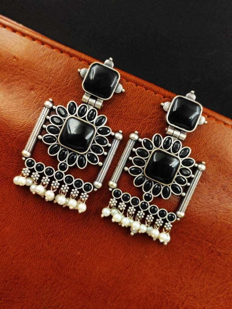 Bulk 60 Silver Replica Square Monalisa Stone Stud Dangler Earrings - "Black"
